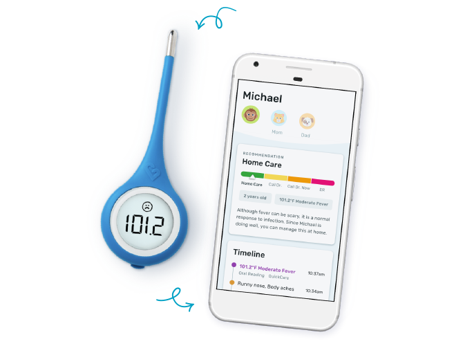  A smart thermometer next to a smartphone with health information on the screen