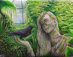 Statue holding a crow, surrounded by greenery.